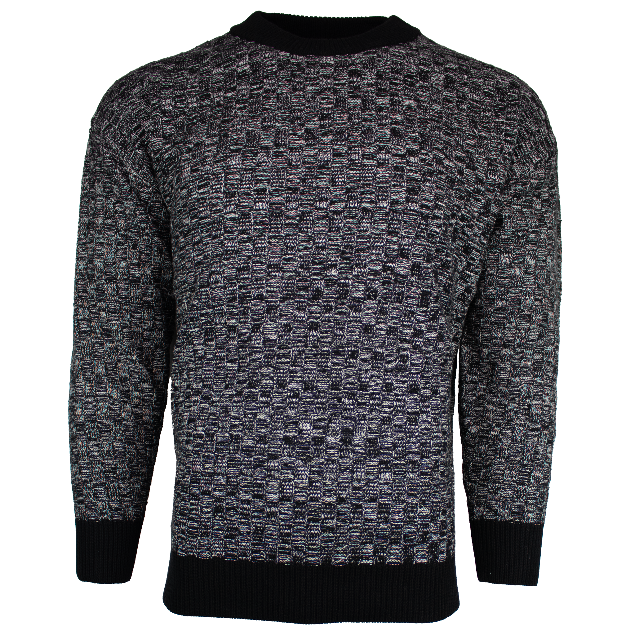 Men's Marled Black & White Cable Knit Crewneck Sweater | Wool