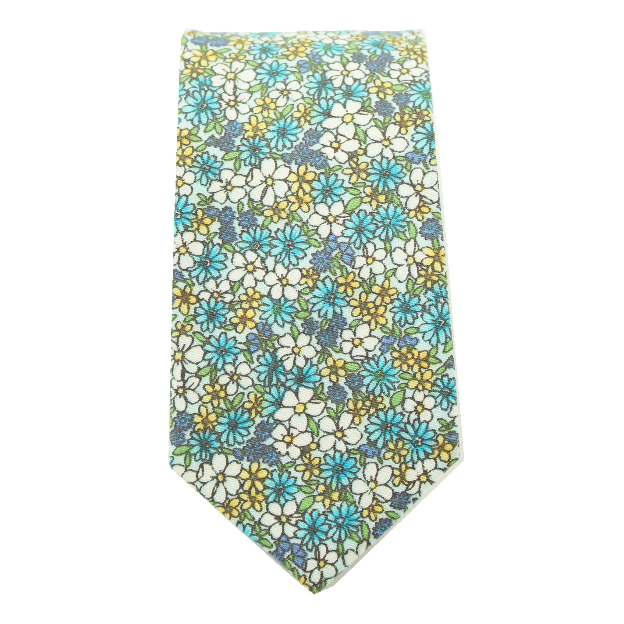 Blue Micro Floral Print Cotton Tie