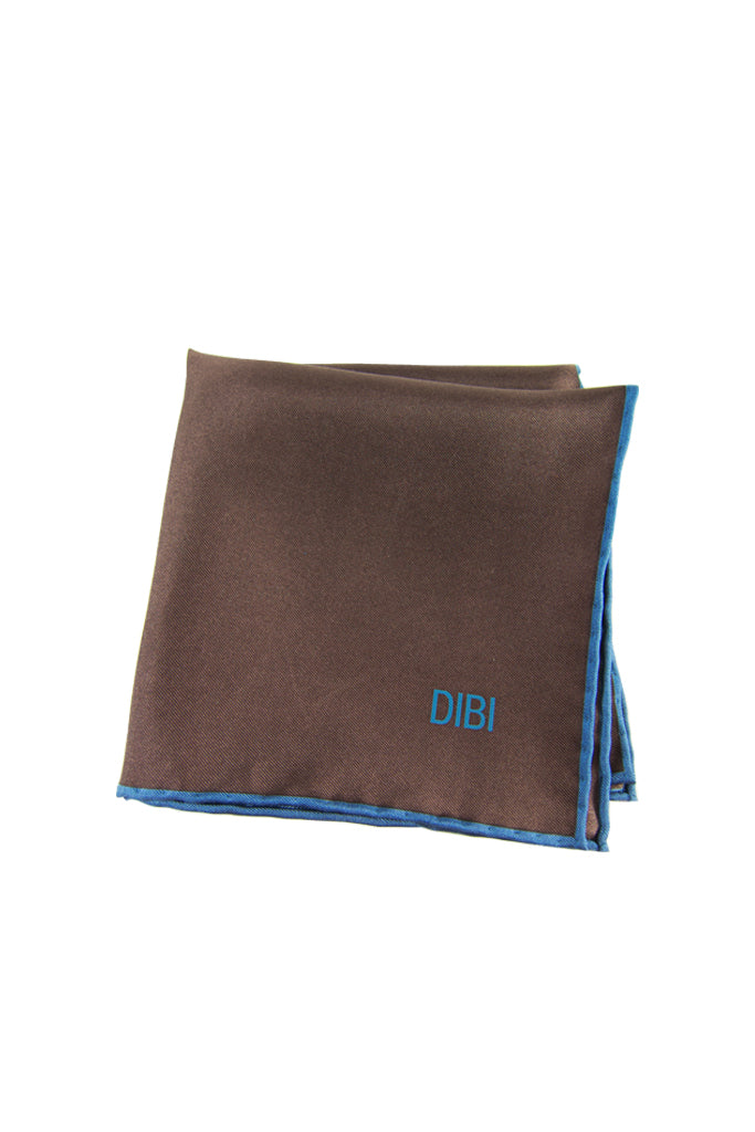 100% Silk Brown Pocket Square W/ Light Blue Trim