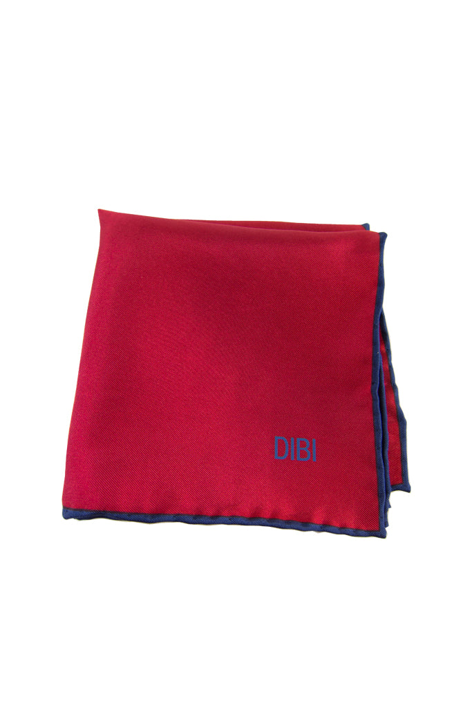 100% Silk Red Pocket Square W/ Navy Trim