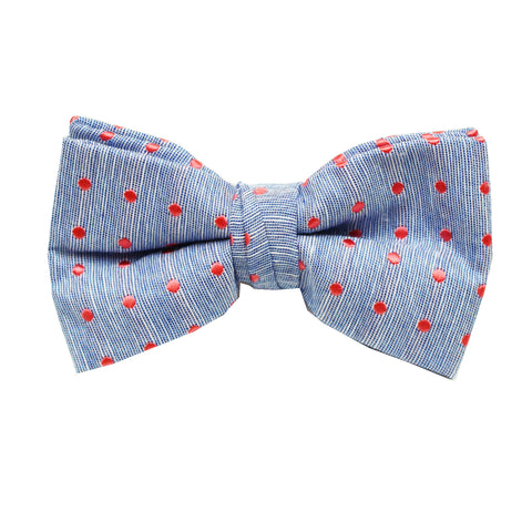 Blue & Coral Polkadot Pre Tie Bow Tie & Pocket Square Set