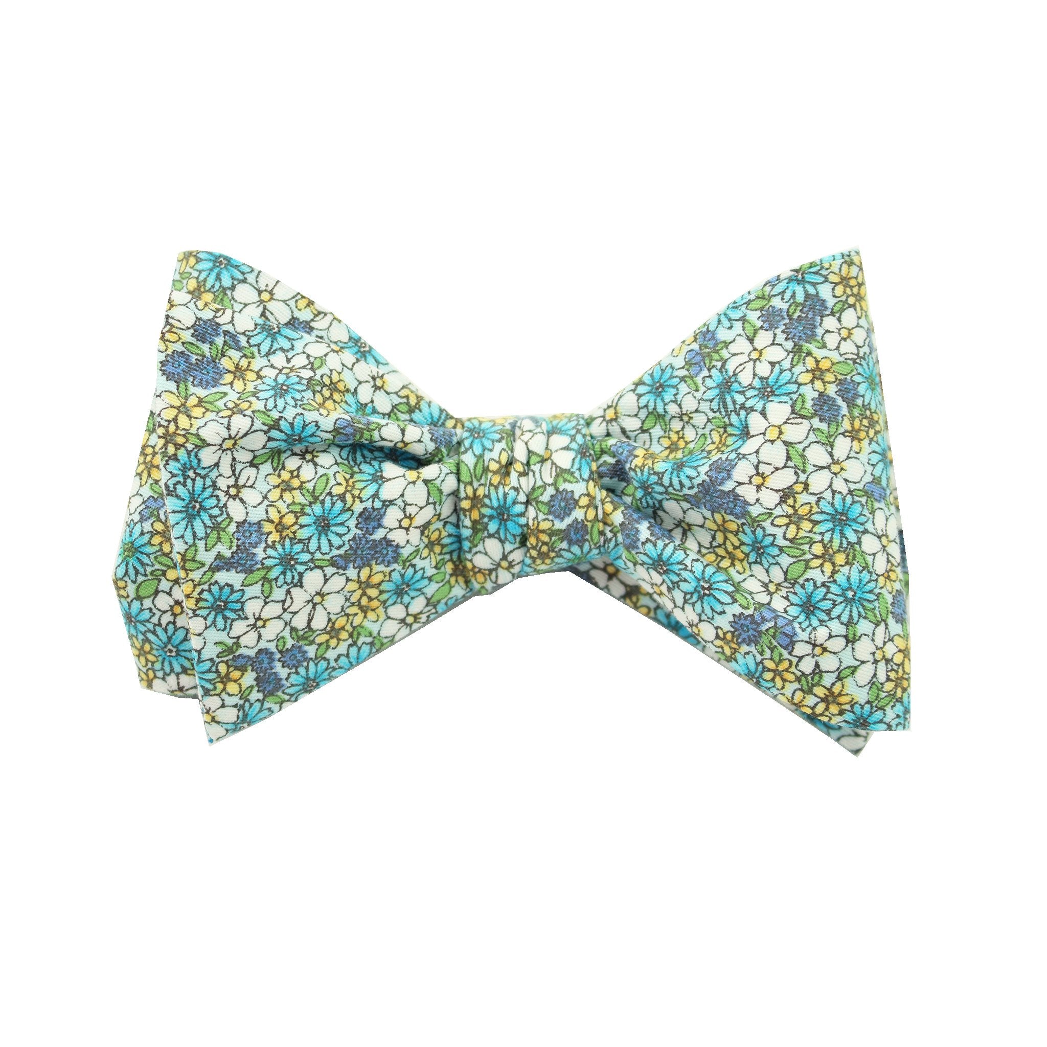 Blue Micro Floral Print Cotton Self Tie Bow Tie